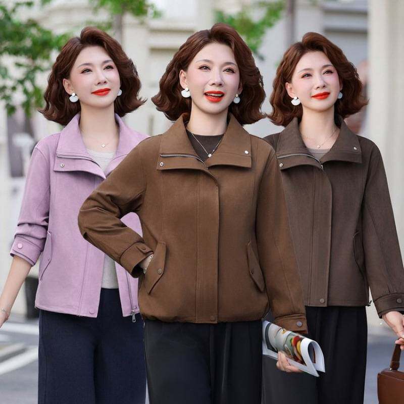 高档品牌中老年女装妈妈春装外套薄款洋气翻领拉链风衣中老年女装