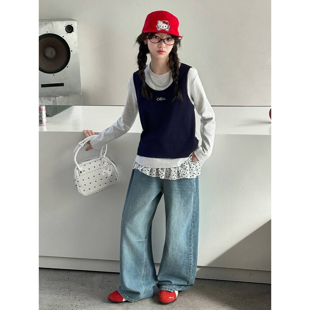 高档品牌女童春装套装2026新款女大童春季韩系打底衫儿童春秋牛仔