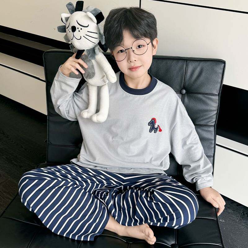 高档品牌男童睡衣春秋款套装长袖套头休闲条纹睡裤男孩宽松空调家