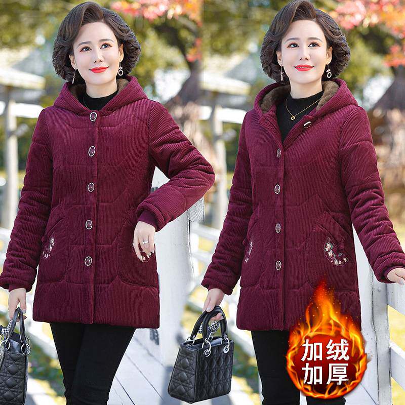 高档品牌中老年女冬装加绒加厚外套中年妈妈装冬季洋气棉服红色灯
