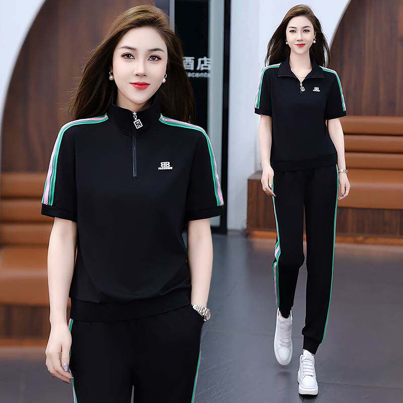 高档品牌运动套装女夏2026新款时尚洋气小个子冰丝薄款短袖长裤大