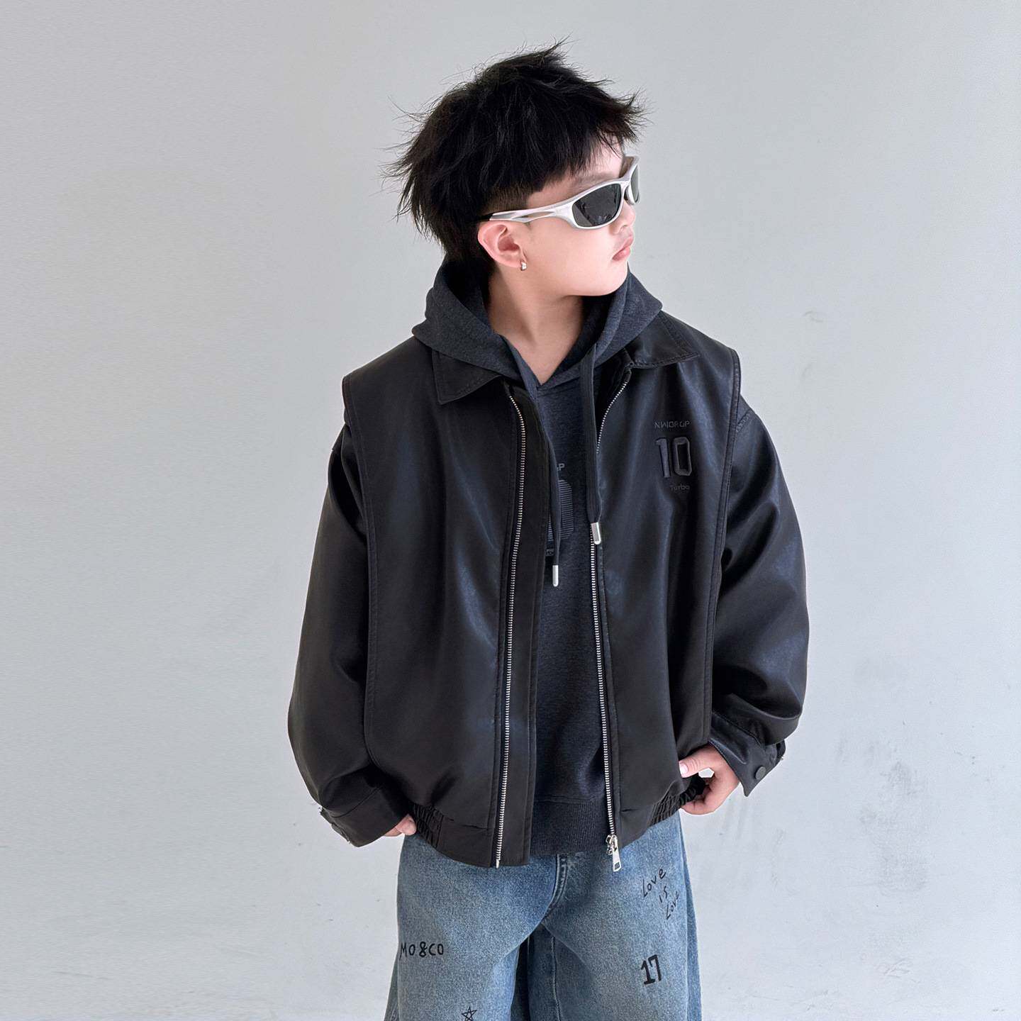 高档品牌男童皮衣潮范春秋款男孩美式PU棒球服休闲宽松青少年夹克