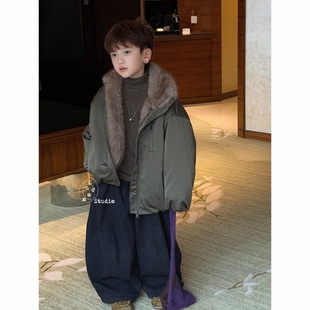 卤蛋童装·元气英伦/冬季新高级军绿色派克服骡子毛领外套男女童