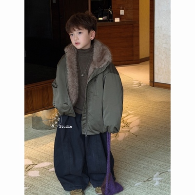 卤蛋童装·元气英伦/冬季新高级军绿色派克服骡子毛领外套男女童