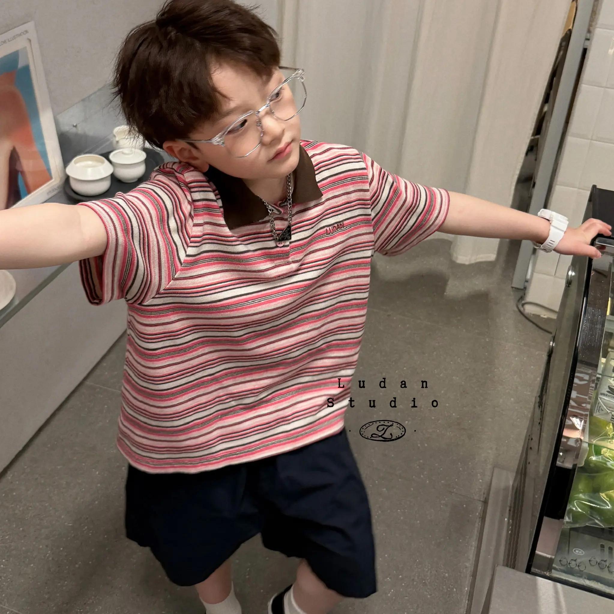 【夏】卤蛋童装.条纹序曲/夏粉咖撞色条纹透气polo衫短袖男女童