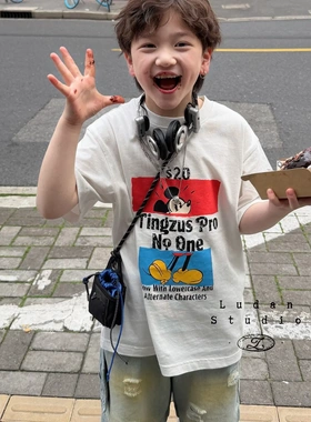 【夏】卤蛋童装.北街记忆/夏白色美式时髦米奇酷短袖牛仔裤男女童