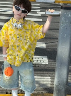 【夏上新】卤蛋童装.趣味印花/黄色短袖衬衫韩版男女童休闲26078