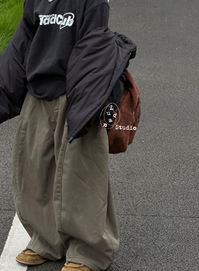 卤蛋童装：A字弯刀/冬韩时髦军绿色加绒工装裤弯刀休闲裤男女童