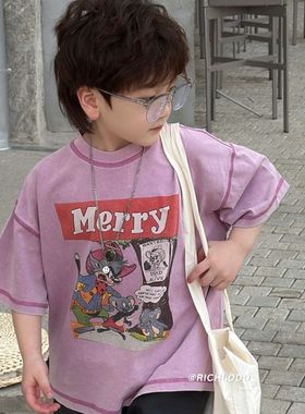 【现货】卤蛋童装：插画假日/砂洗紫色短袖夏款男女童25299