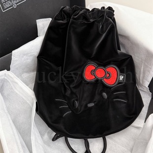 黑皮kitty丝绒双肩包日系可爱百搭大容量韩国小众抽绳水桶背包女