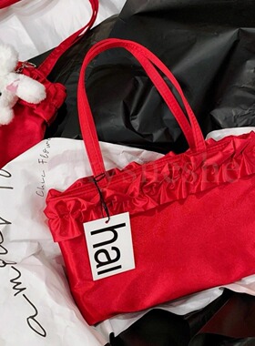 红色新娘包新年红丝绸复古蕾丝腋下包手拎手提托特小众hai单肩包