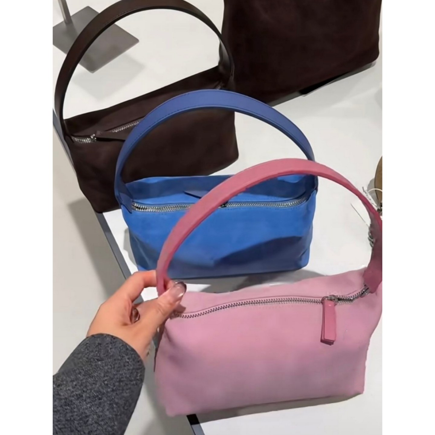 韩国小众包包秋冬麂皮饭盒包棕色绒面高级感粉色手提腋下枕头包女