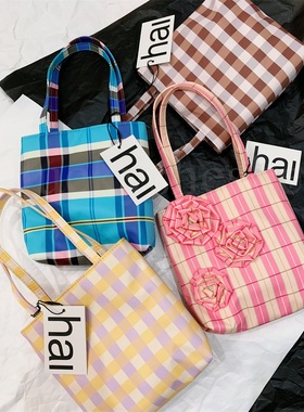 hai韩系格子纹手拎单肩拼色撞色25夏甜美少女迷你花朵腋下小方包