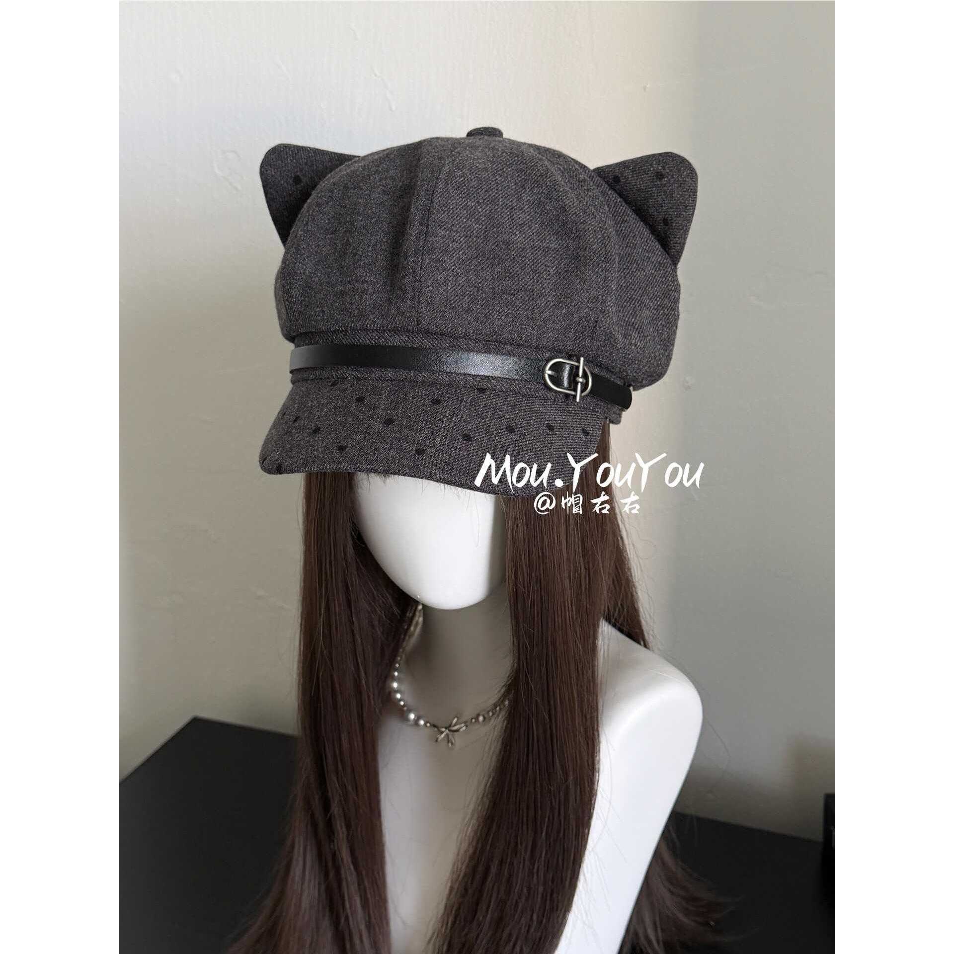 日系古早味波点皮扣猫耳八角帽