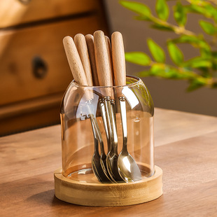 创意家用水果叉甜品勺收纳罐家用水果签罐收纳置物不锈钢木柄叉勺