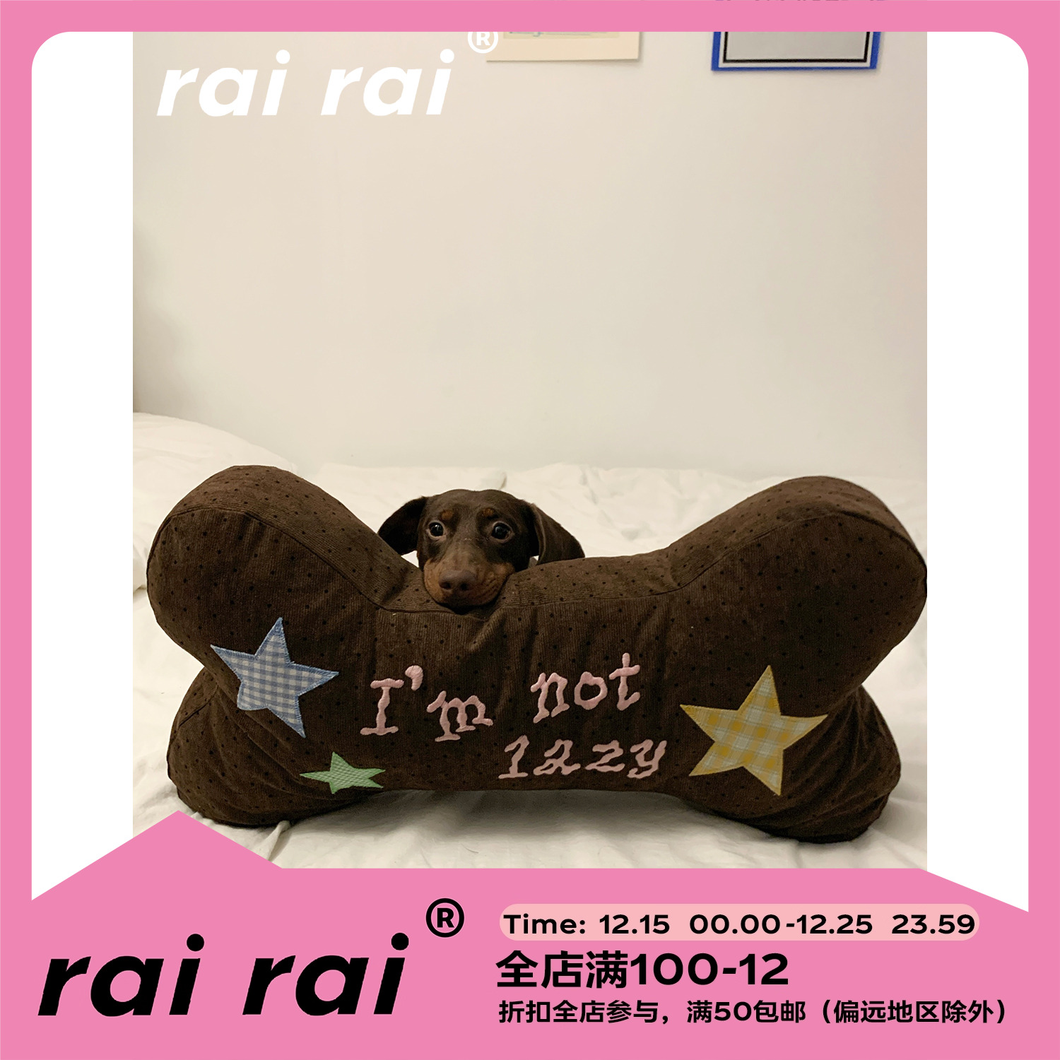rairai原创“i am not lazy”可爱刺绣狗骨头靠枕ins风玩偶公仔