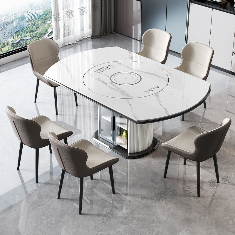 轻奢岩板多功能伸缩餐桌椅电磁炉电动暖菜板可变圆桌饭桌可配转盘