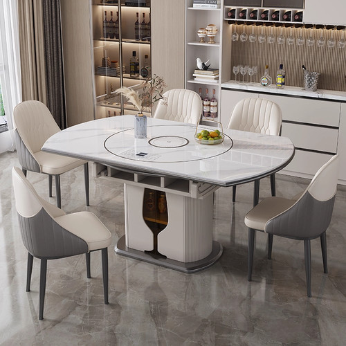 全实木岩板多功能伸缩餐桌椅电磁炉电动暖菜板可圆桌饭桌可配转盘