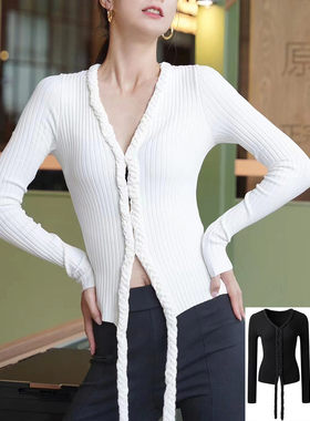 LOOSINGWHITE设计师春秋新款V领织带开衫黑白两色长袖上衣女现货