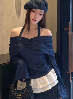 LOOSINGWHITE设计师2024春秋仿牛仔挂脖露育褶衫潮小衫时尚上衣女