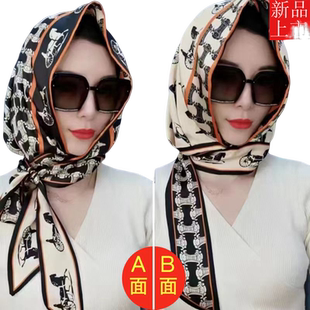 伊斯兰包头巾网红丝巾回族盖头遮阳帽子仿真丝缎面飘带女优雅