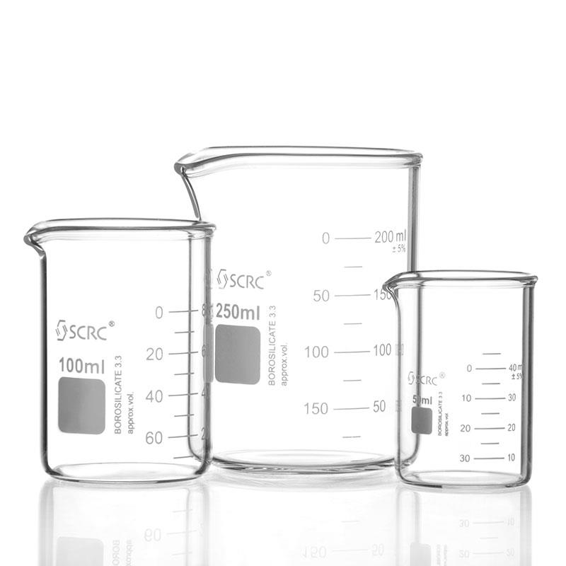 SCRC无柄厚壁玻璃烧杯刻度高温透明量杯100/250/500/1000ml带把手
