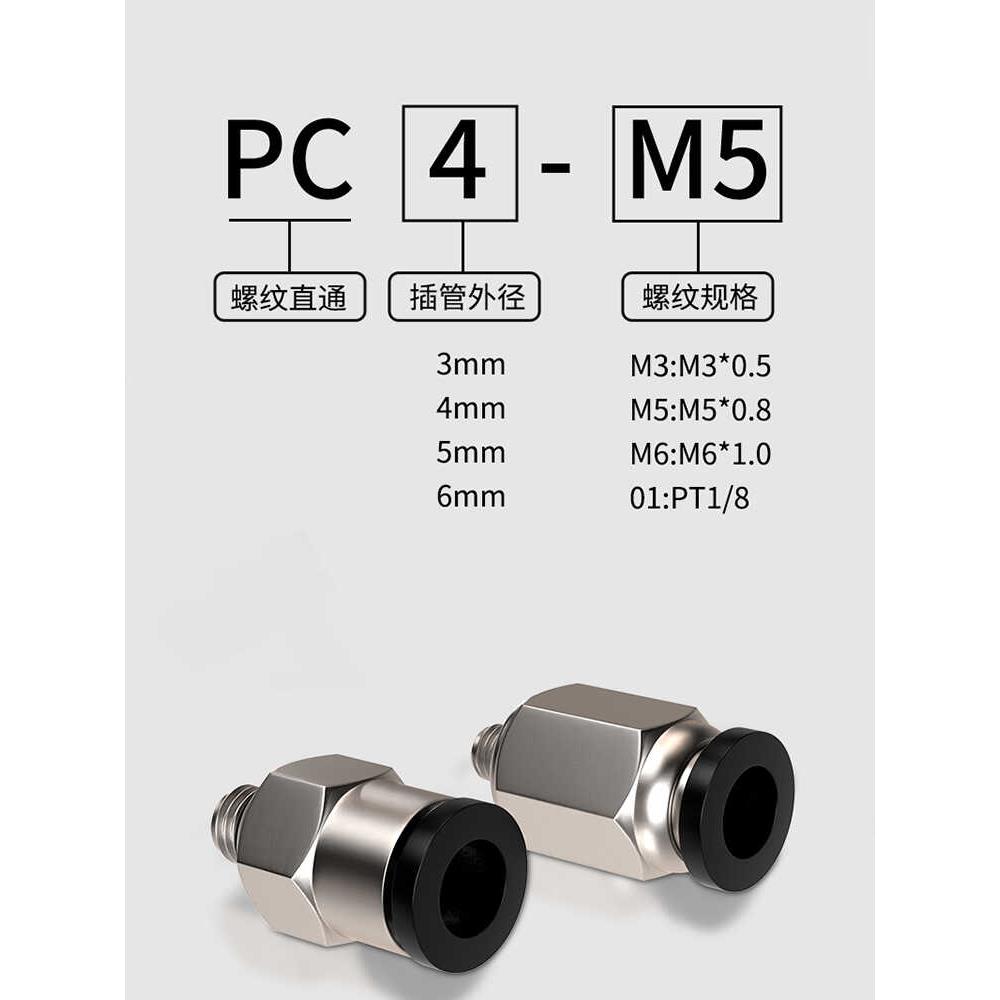 气动元件气管微型迷你接头外六角螺纹直通细牙PC4/6mm-M3/M5/1分