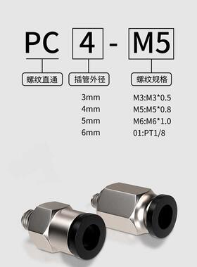 气动元件气管微型迷你接头外六角螺纹直通细牙PC4/6mm-M3/M5/1分