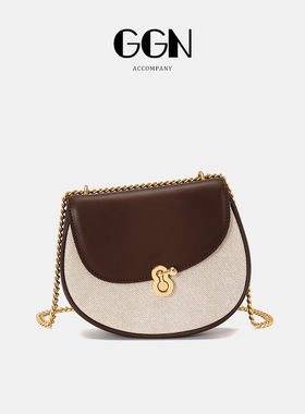 GGN新款时尚链条包小众高级质感半圆形马鞍包真皮女包斜挎包包