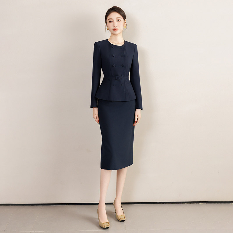 钟老板 藏青色复古修身西装套装女2026春秋新款外套半身裙两件套