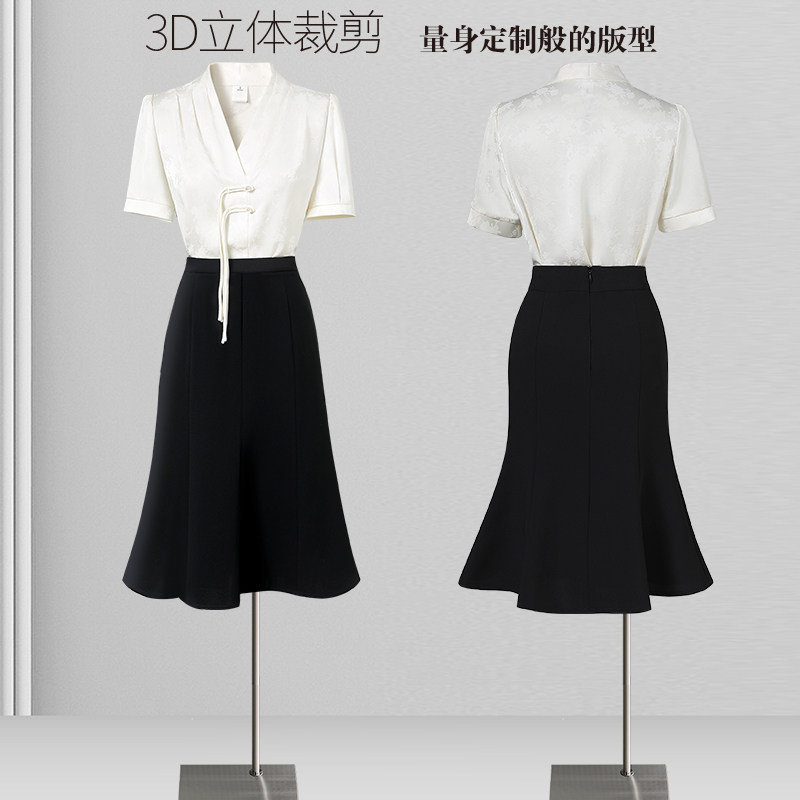 白色衬衫女职业气质轻奢高级感中式短袖衬衣茶楼美容院工作服女夏