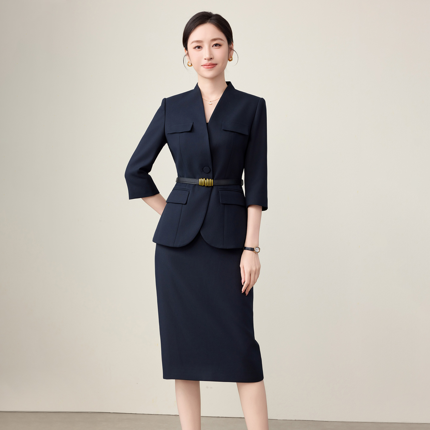 钟老板 藏青色西装套装女2025秋季新款高级感七分袖职场通勤正装