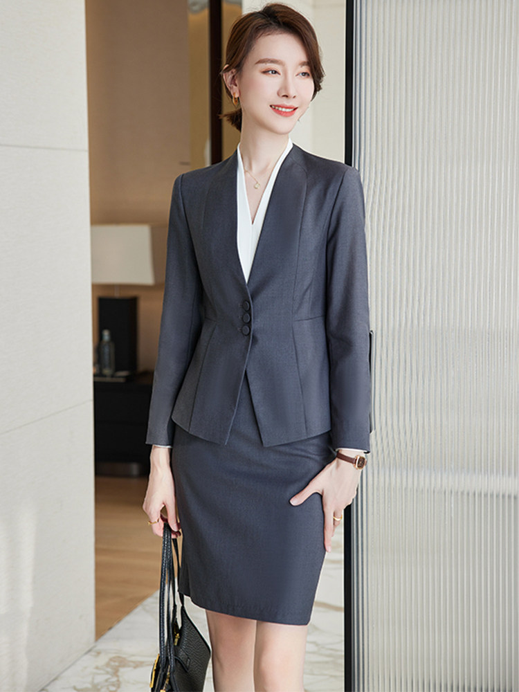 灰色西装套装女春秋高级感正装职业装西服外套售楼部珠宝店工作服