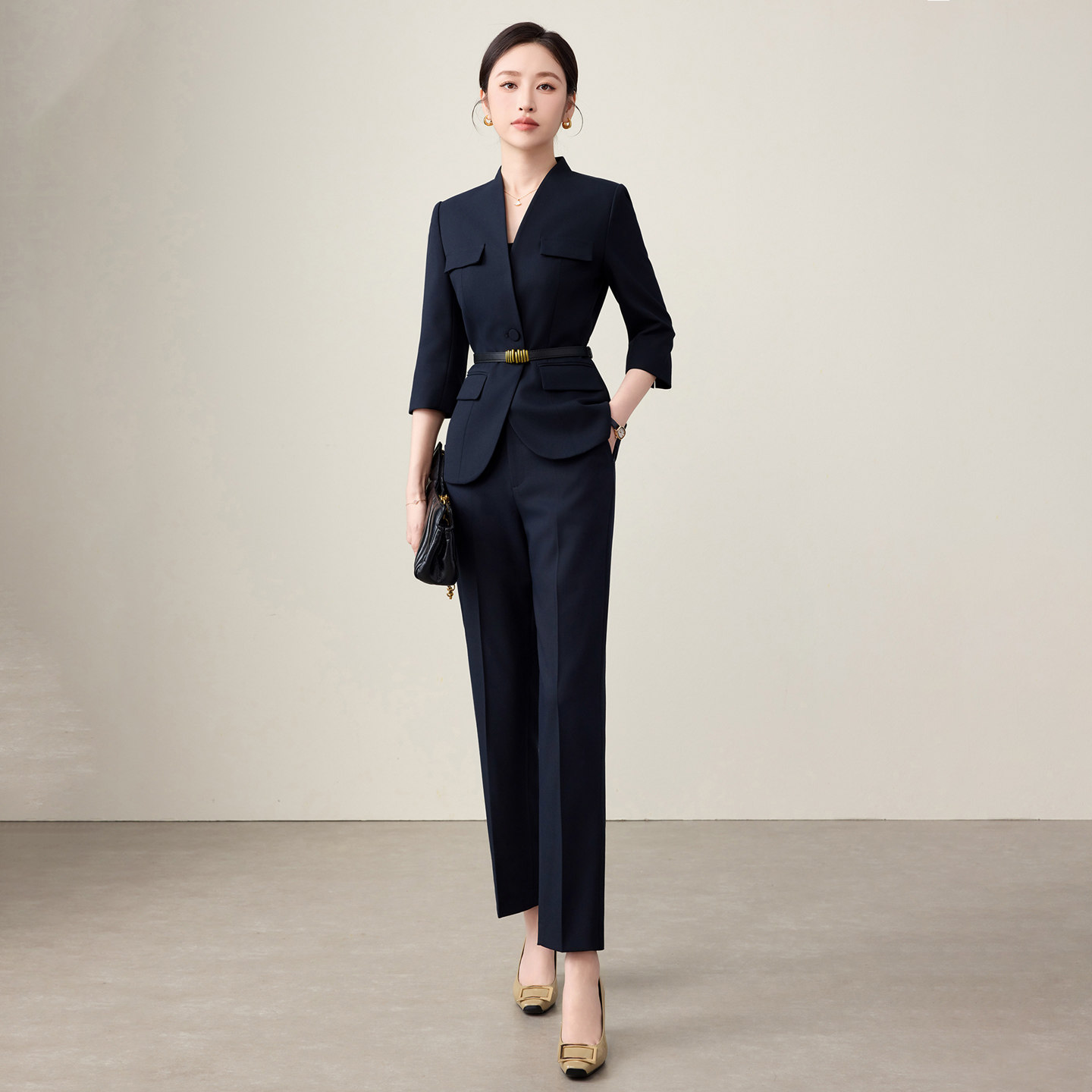钟老板藏青色时尚干练七分袖西装套装女2025秋季新款职场通勤正装