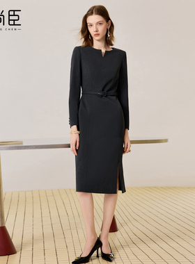 艾尚臣深灰色气质连衣裙女高级感早秋收腰职业套裙气质女神范正装