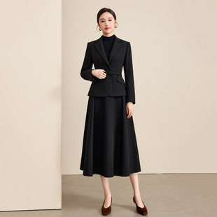 钟老板 黑色毛呢西装伞裙套装女秋冬新款正式场合气质通勤职业装
