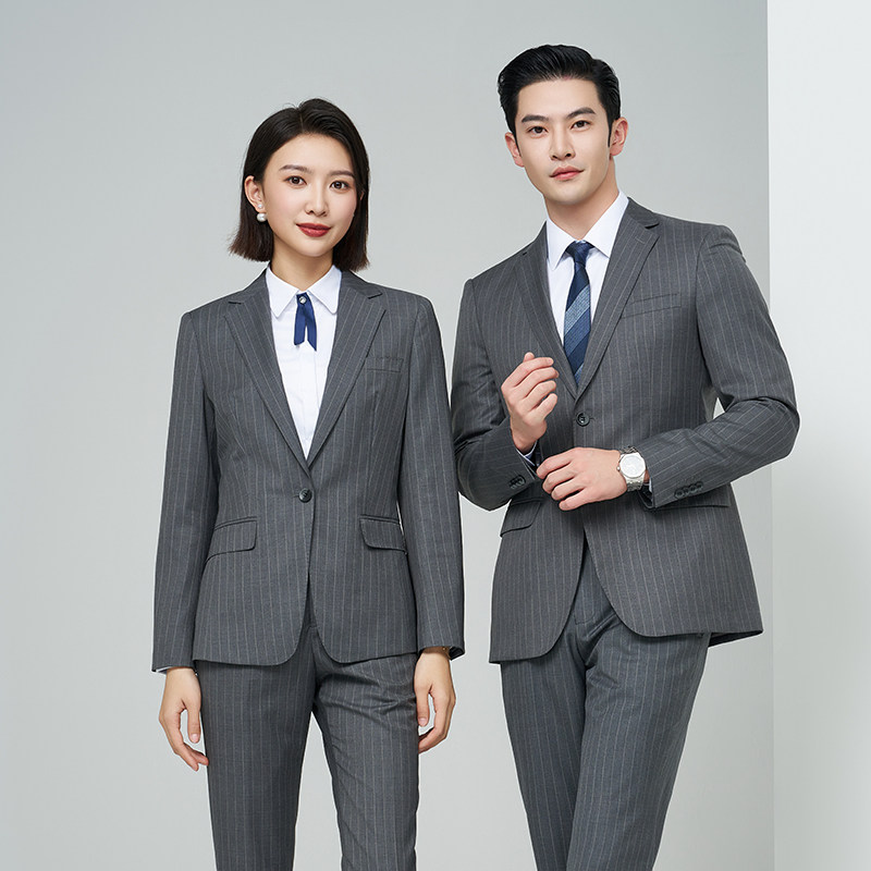 高端条纹灰色西装外套男女同款工作服工装职业装通勤套装厂家团购