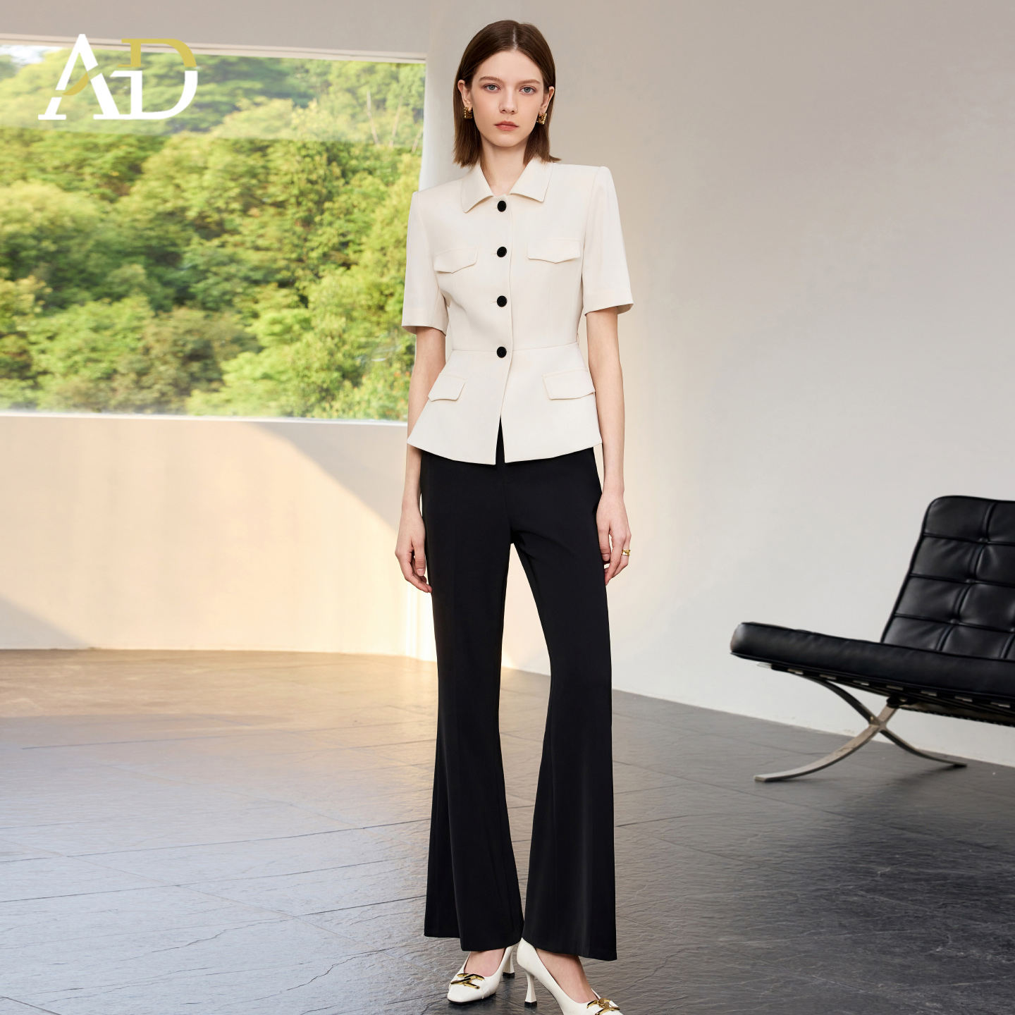 AD职场通勤女装2025新款夏季收腰短袖西装外套喇叭裤套装工作服