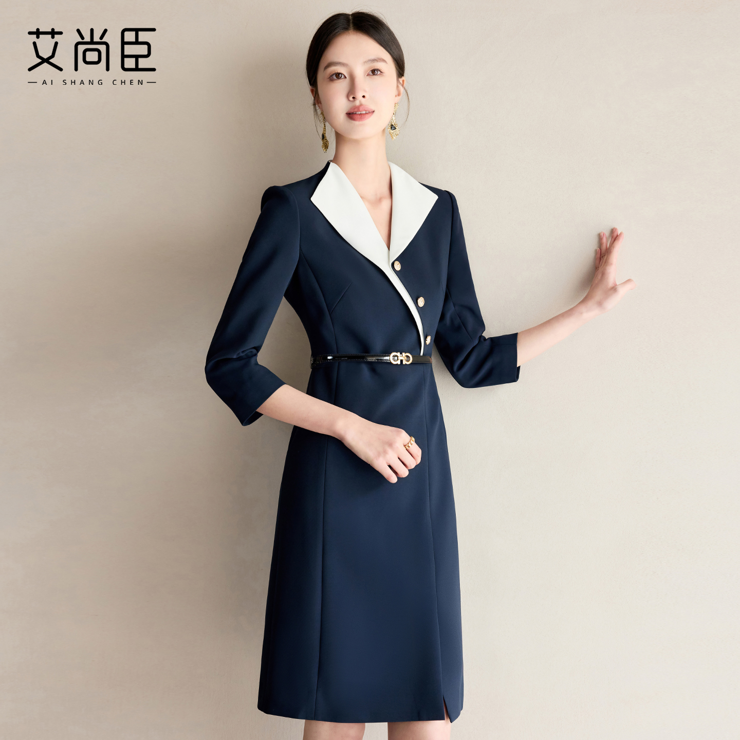 艾尚臣藏青色西装连衣裙高级感气质V领轻熟风连衣裙通勤职场正装