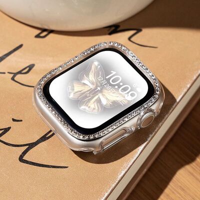 适用苹果手表s10保护壳带钻applewatch8半包S9表壳镶钻PC边框硬壳iwatch7/6/5/4/3/SE代星光色女生表带保护套