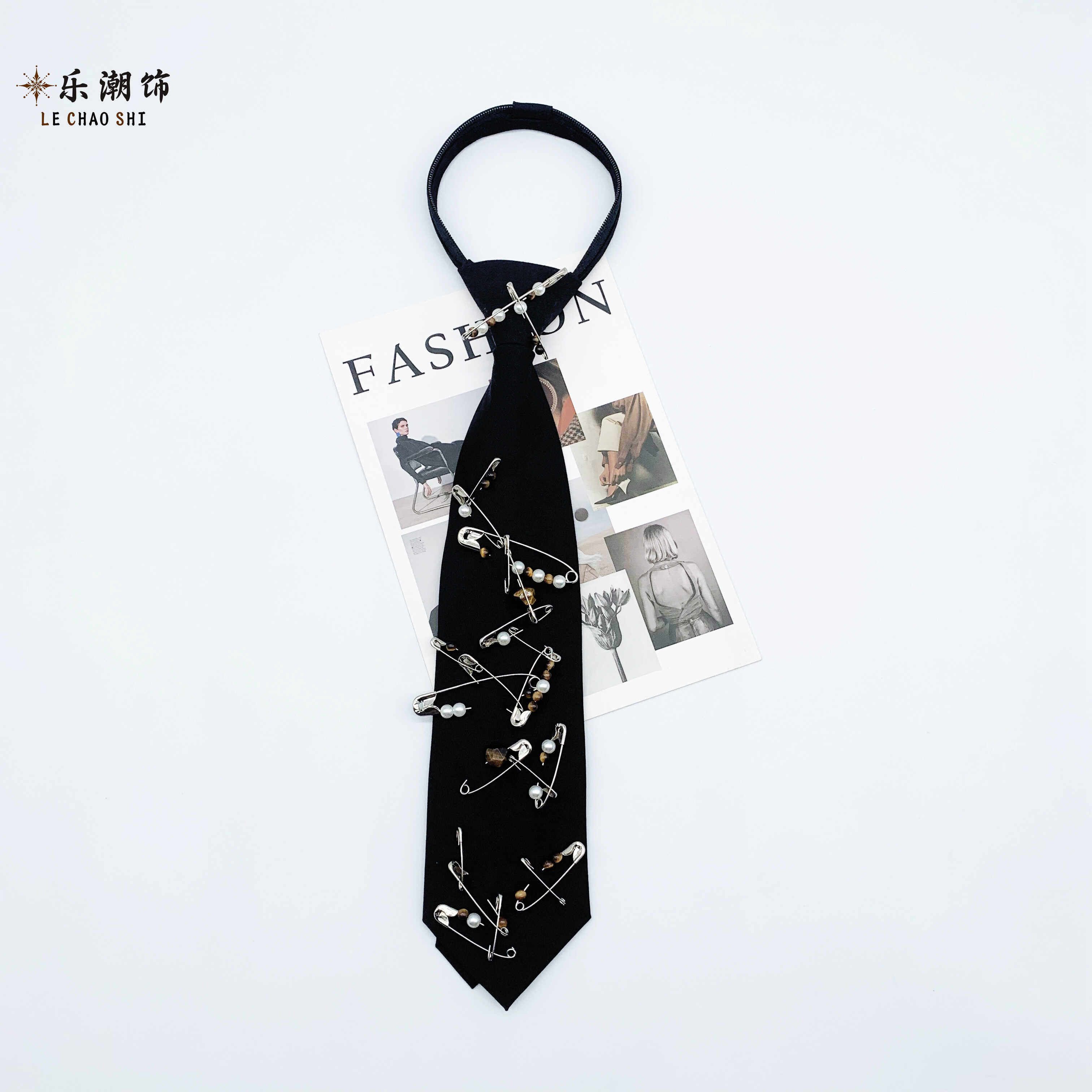 乐潮饰原创韩版别针潮牌免打衬衫珍珠虎眼领带女复古个性学院风男