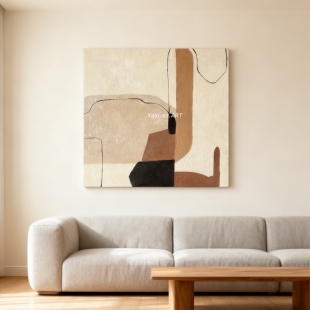 手绘油画墨序意式极简奶油原木风几何抽象客厅挂画入户玄关装饰画