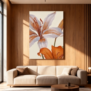 手绘油画百合花卉植物中古侘寂风抽象客厅玄关壁挂画高级感装饰画
