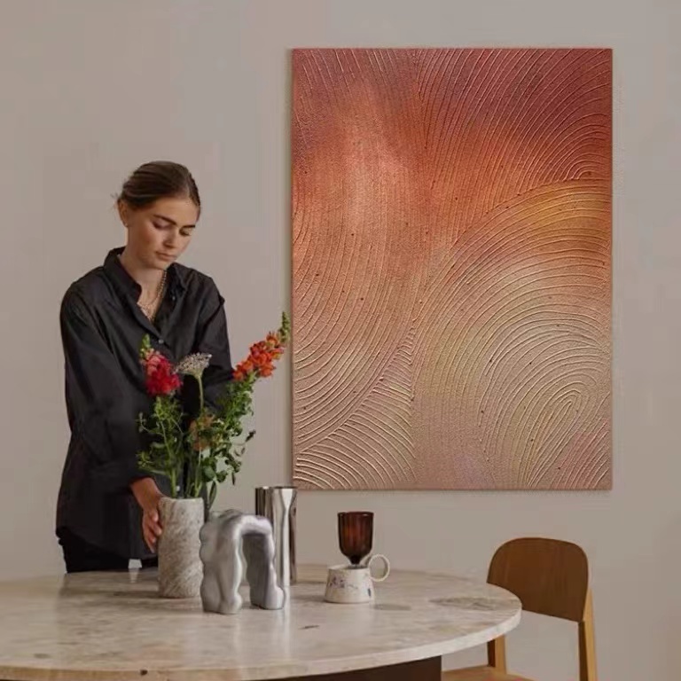 手绘油画秋日细语客厅中古风装饰画玄关民宿餐厅立体肌理橘色挂画图片