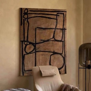 纯手绘油画咖啡线条侘寂风抽象复古肌理客厅玄关餐厅挂画民宿客栈