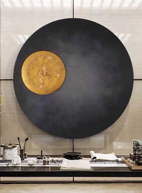 纯手绘油画黑色圆形玄关装饰画新中式进门入户挂画客厅抽象肌理画