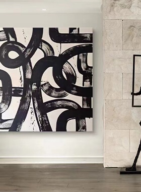 手绘油画侘寂风客厅玄关餐厅抽象装饰画现代简约方形黑色线条挂画