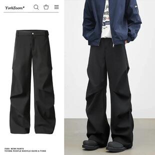 塔垭精选轻奢店美式宽松阔腿拖地微喇垂感休闲裤黑R色褶皱西裤男