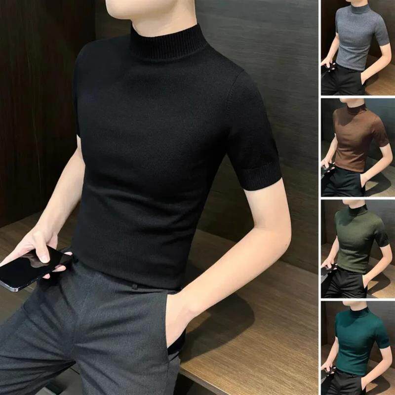 FC服饰轻奢半高领针织短袖T恤男款2026痞帅男士西装内搭打底