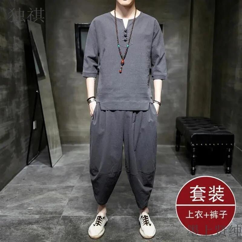 VINSAME3亚麻男短袖t恤中国风男装中式棉麻套装佛系唐装汉服禅服